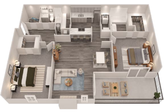 A 3D floor plan of a house with a living room, kitchen, dining room, and two bedrooms.