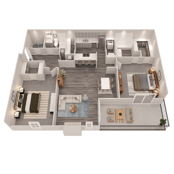 A 3D floor plan of a house with a living room, kitchen, dining room, and two bedrooms.