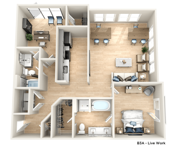 a 3d drawing of a floor plan with a bedroom and living room