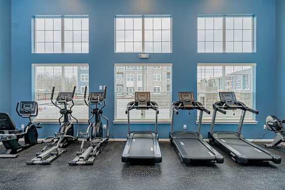 A gym with treadmills, exercise bikes, and elliptical machines.