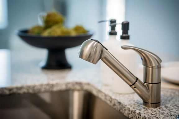 A modern kitchen sink with a chrome faucet and a bowl of food in the background.