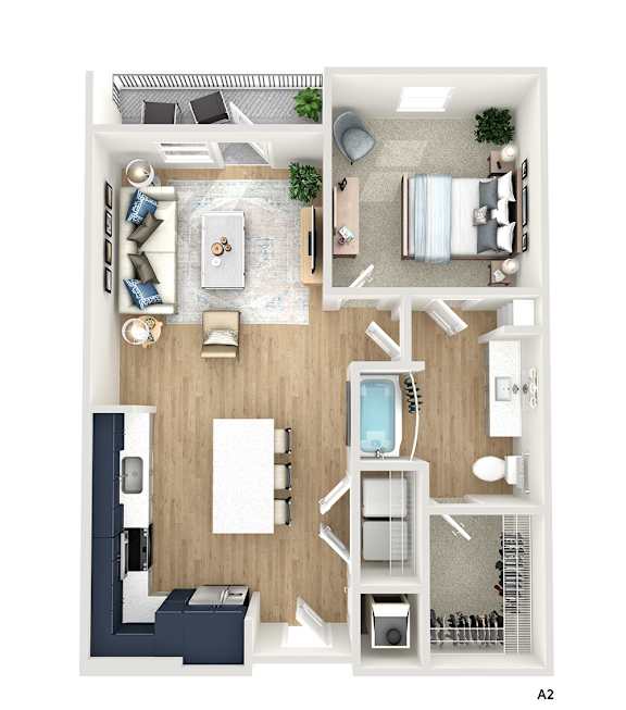 A top-down view of a modern apartment layout.