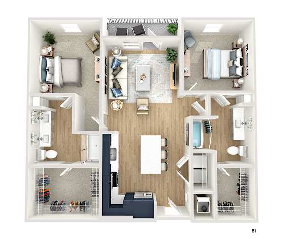 A top-down view of a well-organized apartment with a living room, kitchen, and bedroom.