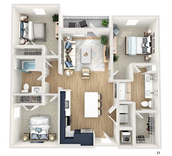 A floor plan of a house with a living room, dining room, kitchen, and bedrooms.