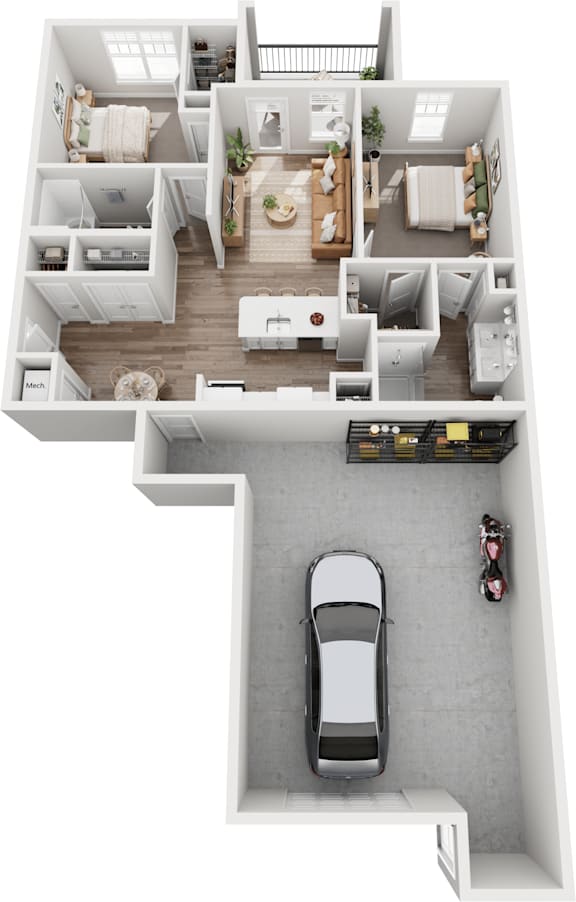 a 3d rendering of a car in the floor of a house