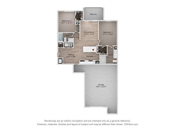 Brooklyn apartment layout with a two-bedroom, living room, and balcony in West Knoxville, TN