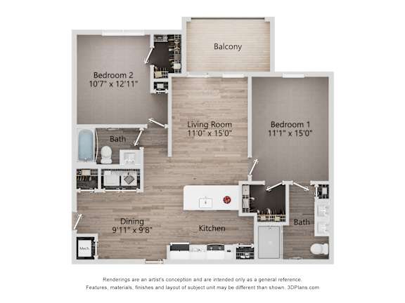 Essex apartment layout with a two-bedroom, living room, and balcony in West Knoxville, TN