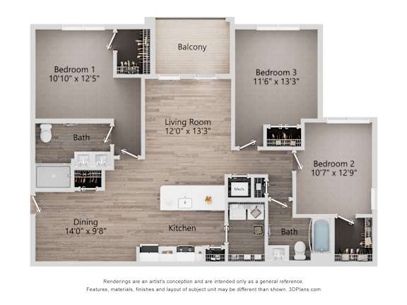 Hartford apartment layout with three bedrooms, a living room, & two bathrooms in West Knoxville, TN
