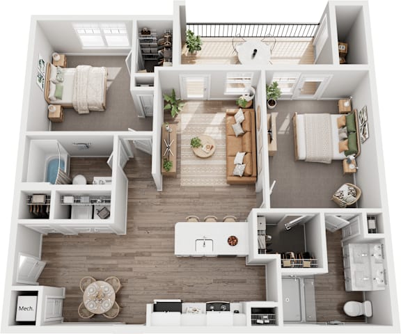Hudson apartment layout with two bedrooms, living room, and a balcony in West Knoxville, TN View