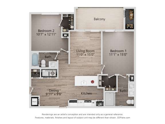 Hudson apartment layout with two bedrooms, living room, dining room & balcony in West Knoxville, TN