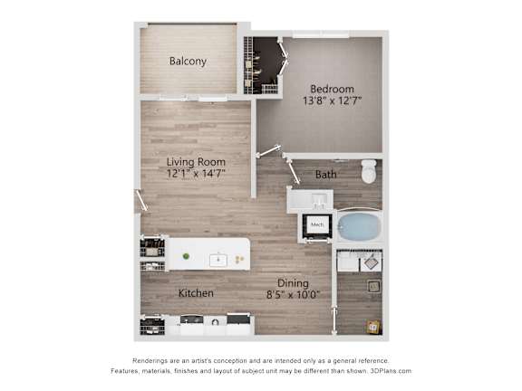 Keene apartment layout with one bedroom, living room, dining room, & balcony in West Knoxville, TN