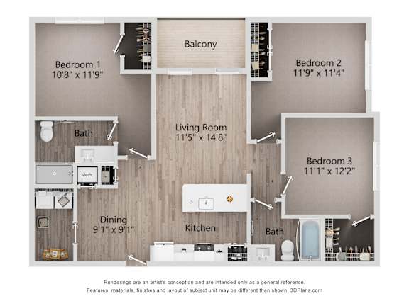The Porter apartment layout with three bedrooms and two bathrooms in West Knoxville, TN