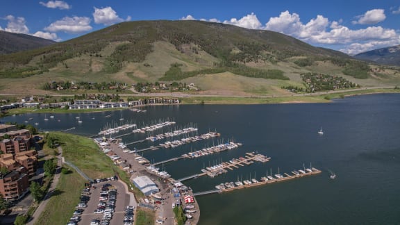 a marina on a body of water with a mountain in the background
