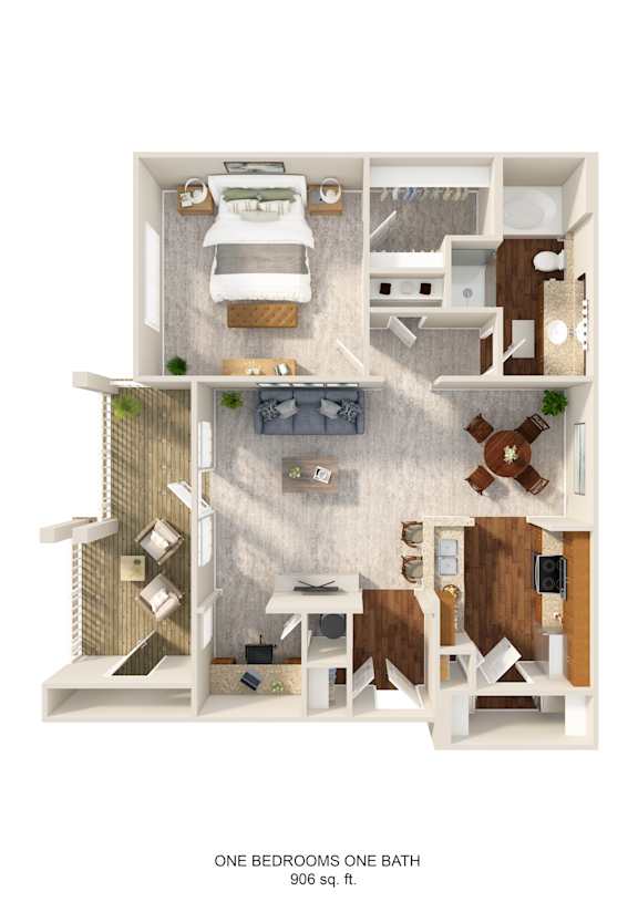 A 906 square foot one bedroom apartment with a bath.