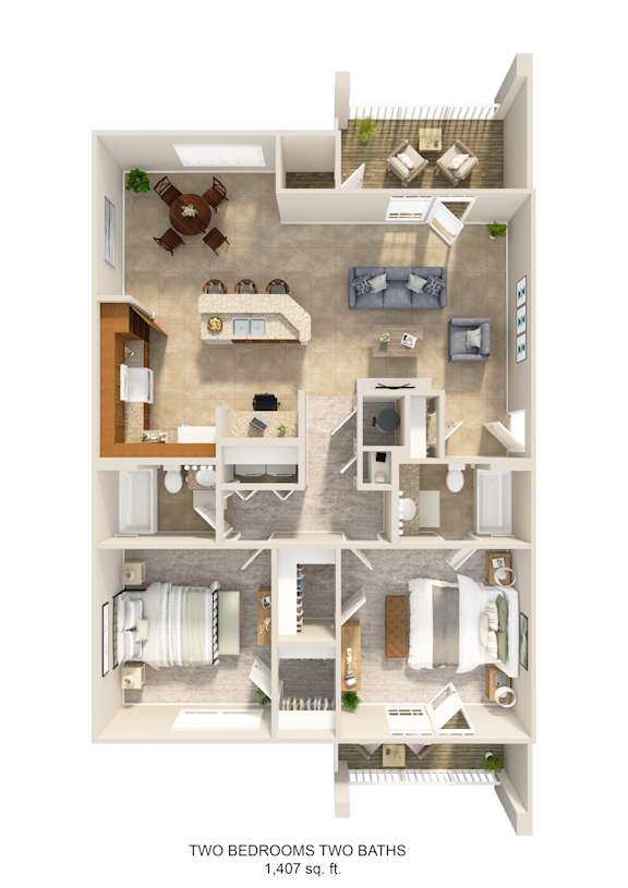 A 3D floor plan of a house with two bedrooms and two bathrooms.
