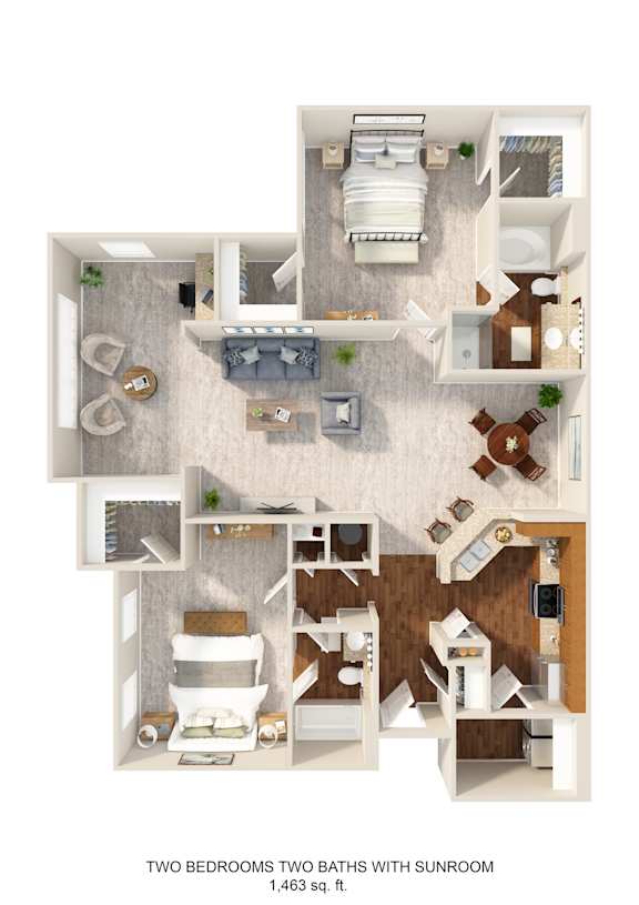A 3D floor plan of a two bedroom, two bathroom apartment with sunroom.
