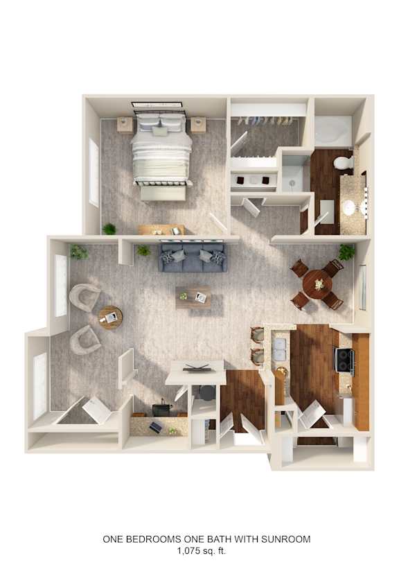 A 3D floor plan of a small apartment with one bedroom and a sunroom.