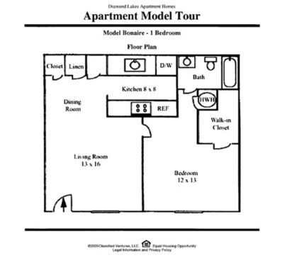 A floor plan of an apartment model tour for a 1 bedroom apartment.