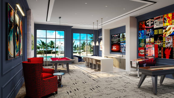 a rendering of a lounge area with tables and chairs and a pool table at Altis Grand Suncoast, Land O' Lakes, 34638