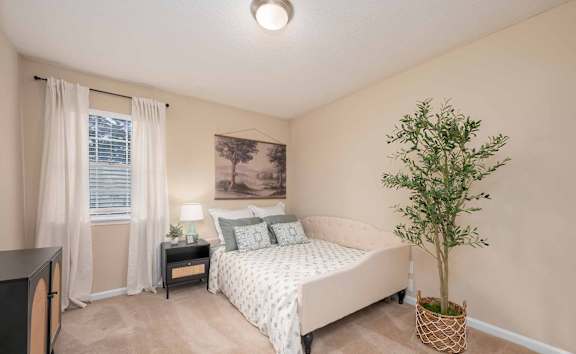A bedroom with a bed, nightstand, and a plant.