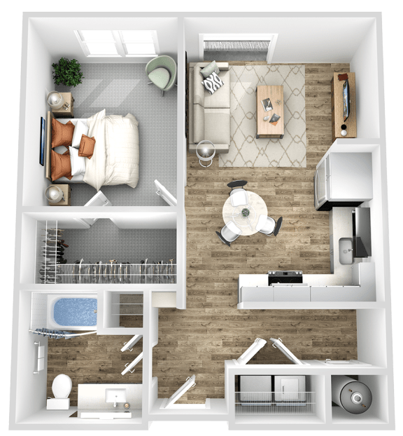 a 3d rendering of a bedroom with a wood floor