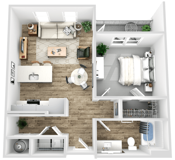 a 3d rendering of a floor plan with a bedroom and a bathroom