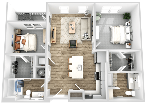 a 3d rendering of a bedroom floor plan with a bathroom and a living room