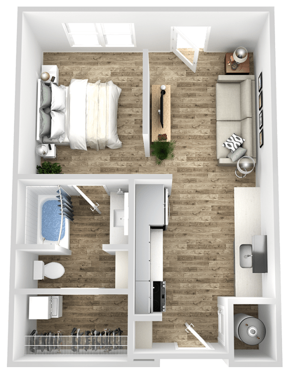a 3d rendering of a bedroom with a bathroom and a living room