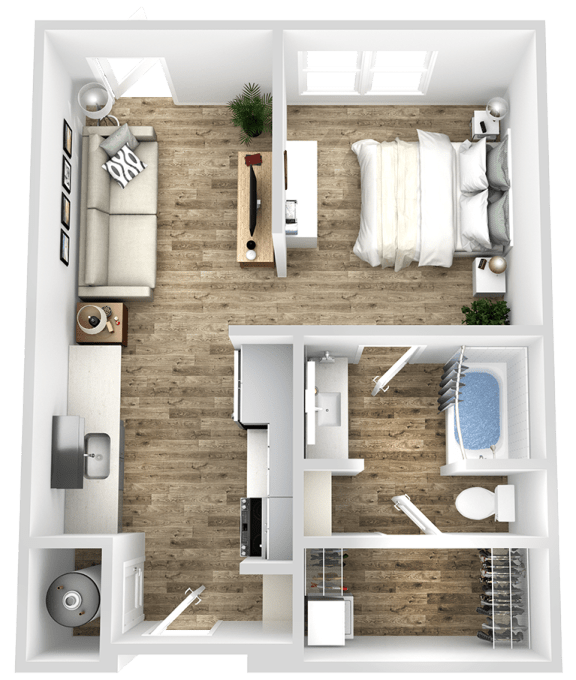 a 3d rendering of a bedroom with a wood floor