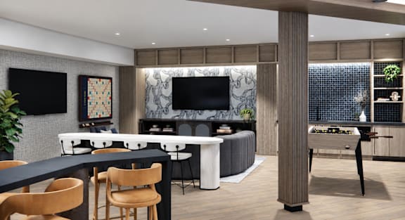 A modern living room with a black table and chairs.