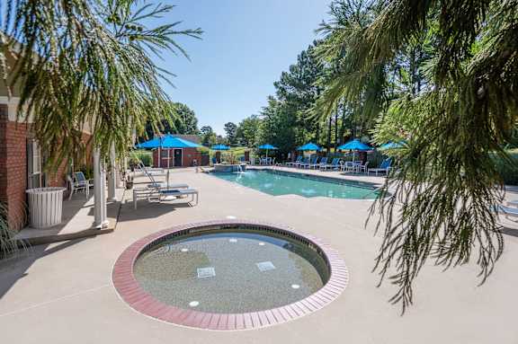 A pool surrounded by trees and umbrellas.
