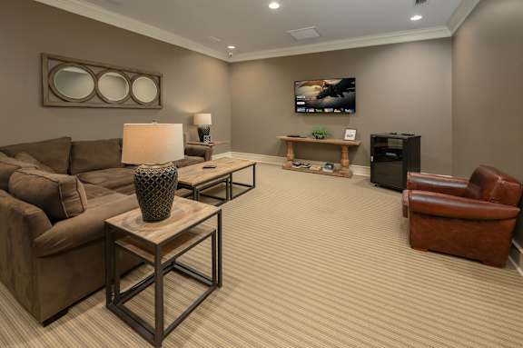 A living room with a brown couch, a coffee table, and a television.