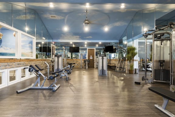 a large fitness room with cardio equipment and a mural of a beach on the ceiling