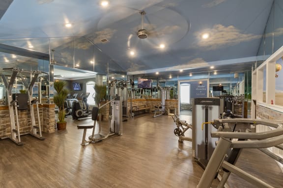 a gym with exercise equipment and a ceiling painted with a cloudy sky