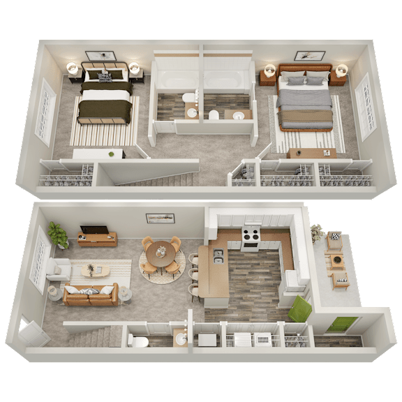 A top-down view of a two-story house interior with a living room, kitchen, and bedrooms.