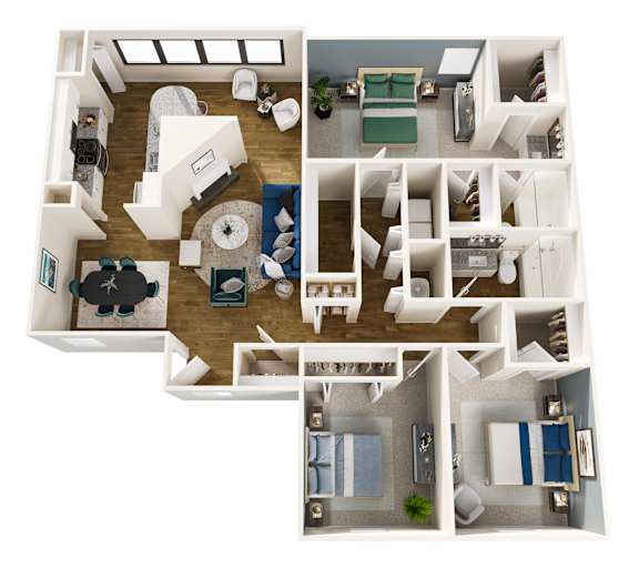 A series of four images showing the layout of a small apartment.