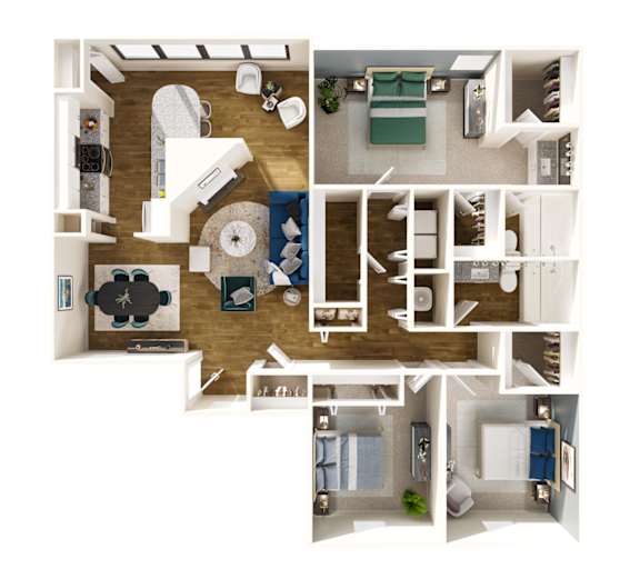 A top-down view of a small apartment layout with a kitchen, living room, and bedroom.