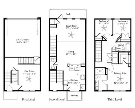 A diagram shows the layout of a house with three levels, including a first level with a 2-car garage, a second level with a deck and two bedrooms, and a third level with a primary suite and two bedrooms.