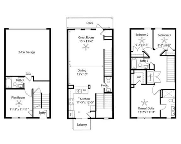 Three black and white floor plans of a house with a deck, a great room, and a balcony.