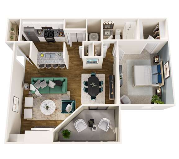 A top down view of a small apartment with a kitchen, living room, and bathroom.