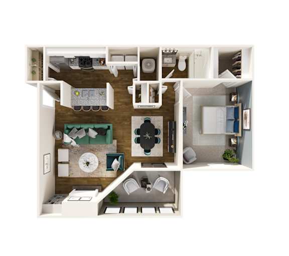 A top down view of a small apartment with a kitchen, living room, and bathroom.