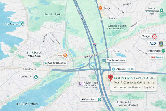 A map shows the location of Holly Crest Apartments in relation to nearby roads, a Target store, and Lake Norman.