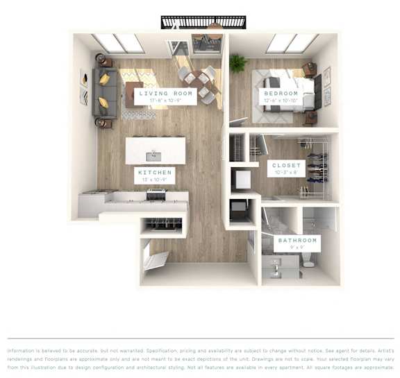 A diagram shows a floor plan of a one bedroom apartment.
