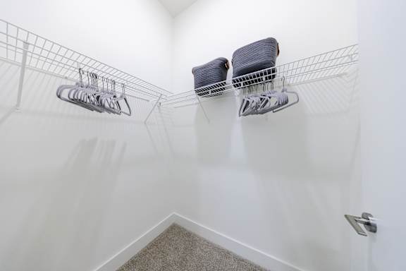 Two shoe racks with shoes on them.
