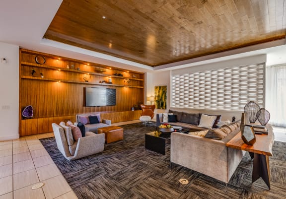 a living room with couches and chairs and a tv