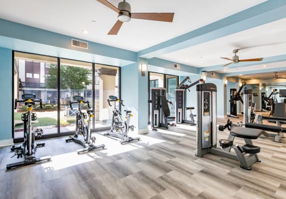 a gym with weights and cardio machines and a large window