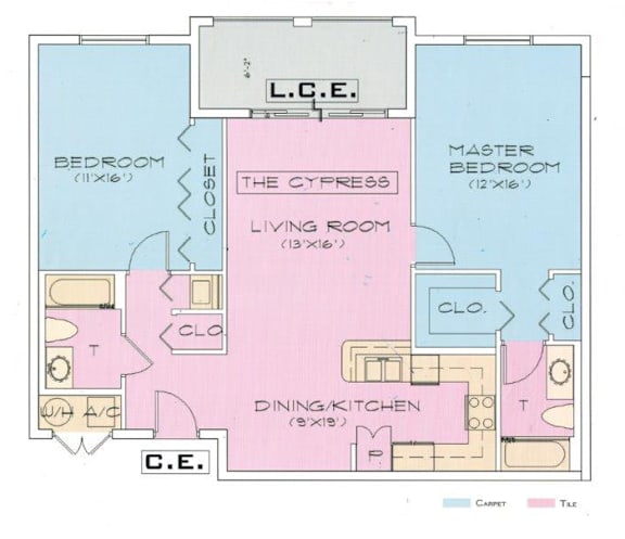 A floor plan of a house with a living room, dining room, kitchen, and two bedrooms.