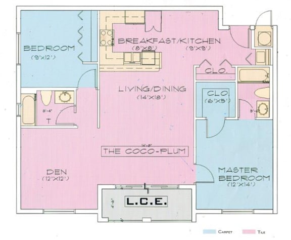 A floor plan of a house with a living room, dining room, kitchen, and two bedrooms.