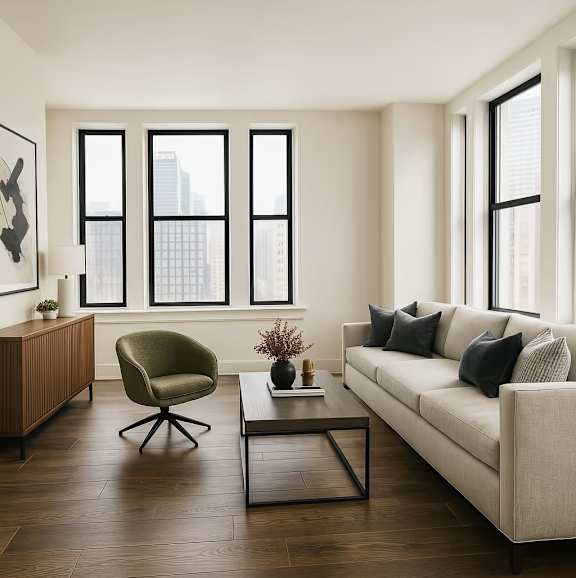 A living room with a green chair, a white couch, and a coffee table.
