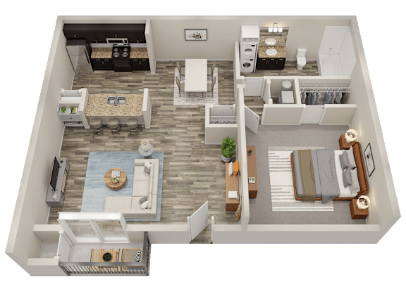 A 3D floor plan of a small apartment with a kitchen, living room, and bedroom.